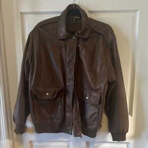 Dark Brown Leather Bomber Jacket